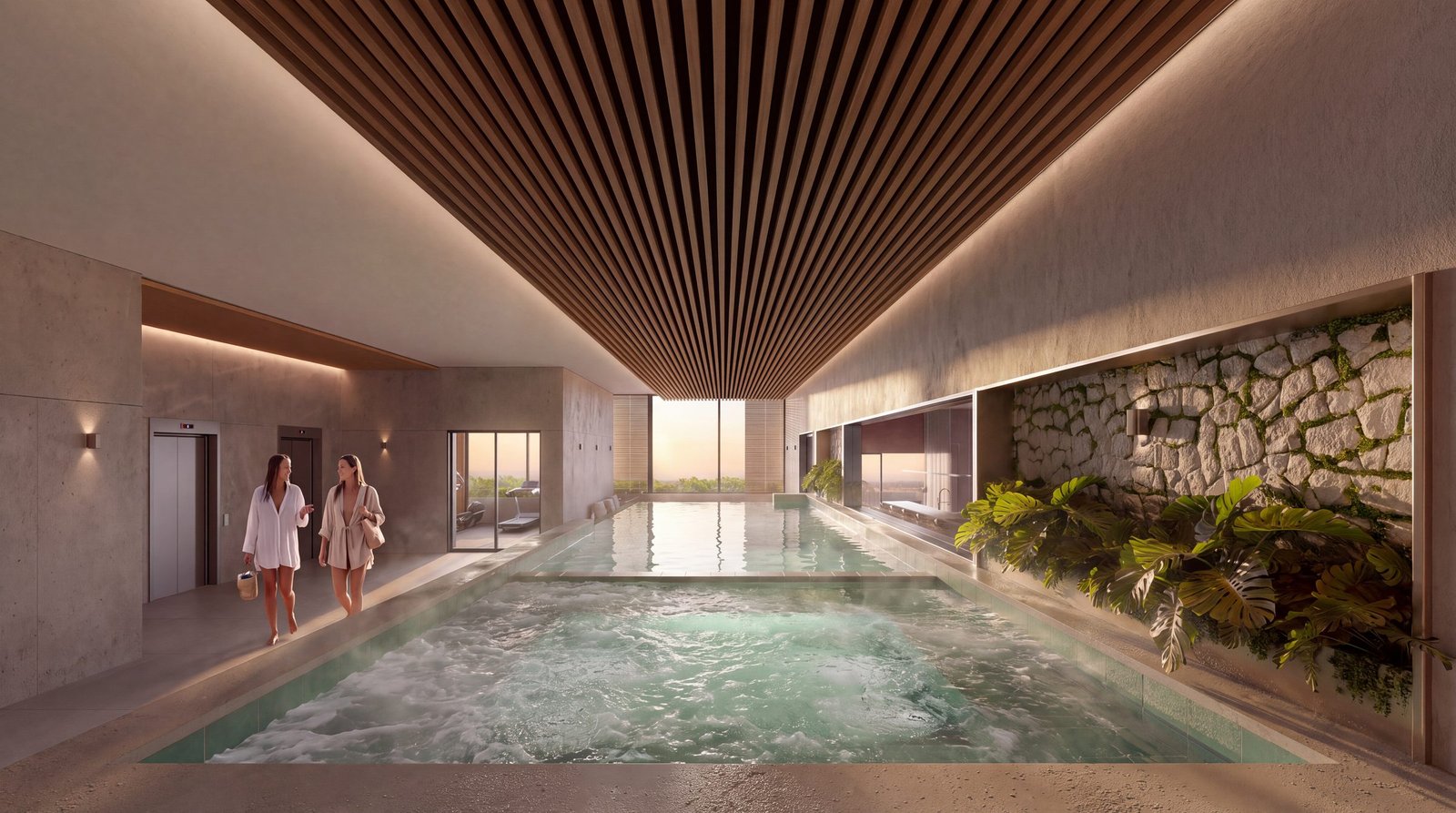 Piscina coberta com parede de pedra e jardim